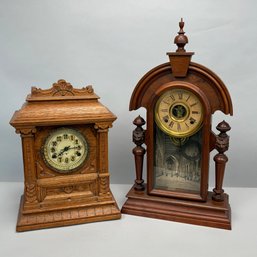 American Walnut Mantle Clock And A Canadian Aesthetic Movement Oak Mantle Clock, Late 19th Century