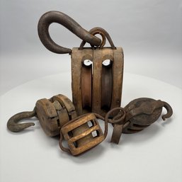Four Wood And Iron Ship's Block And Tackle Pulleys