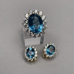 14k Blue Topaz And Cubic Zirconia Ring With Matching Earrings