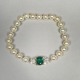 Faux Pearl Necklace With Gem-Set 14k Clasp.