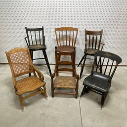 Six Children's Paint-Decorated Or Wood Chairs, 19th Century