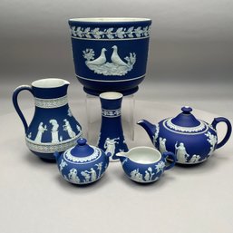 Six English Blue Dip Jasperware Wares, 19th And 20th Century