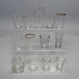 Twelve Acid-Etched Shot Glasses And A Toothpick Holder, Mid To Late 19th-20th Century