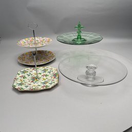 Two Staffordshire Transfer-Printed Sandwich Stands, An American Glass Stand And A French Glass Cake Plate