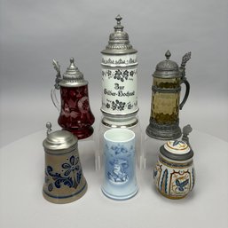 Six German Stoneware, Porcelain Lithophane And Glass Steins, Late19th-20th Century