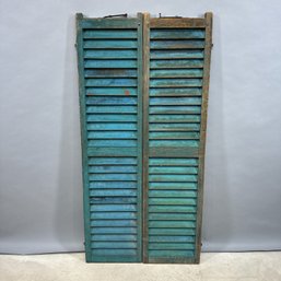 Pair Of Painted Pine Shutters In Green Paint