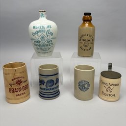 Four American Ceramic Beer & Whiskey Advertising Mugs & A Jug, & An English Beer Bottle,Late 19th-20th Century