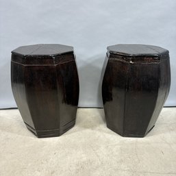 Pair Of Chinese Carved Hardwood Garden Barrels