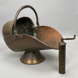 Copper And Brass Coal Hod And A Persian Brass Spice/ Coffee Grinder