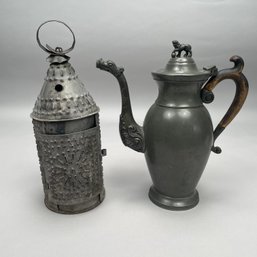 American Pierced And Punched Tin Lantern And A Pewter Coffeepot