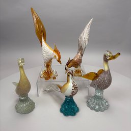 Five Italian Murano Glass Figures Of Ducks And Pheasants, 20th Century