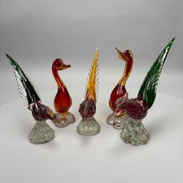 Five Italian Murano Glass Figures Of Ducks And Pheasants, 20th Century