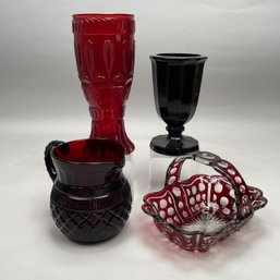 Four Bohemian Cut And Pressed Ruby Glass Table Articles, Mid-19th To 20th Century