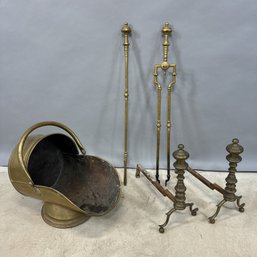 Brass Coal Hod And A Group Of Fireplace Equipment