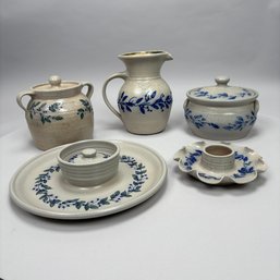 Five Salmon Falls Pottery Saltglaze Cobalt Blue-Decorated Tablewares, Dover, New Hampshire, Late 20th Century