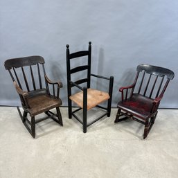 Two Children's Hitchcock Style Rocking Chairs And A Ladderback Chair