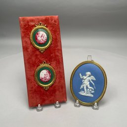 Pair Of Limoges Enamel Plaques And A Blue Jasper Dip Plaque