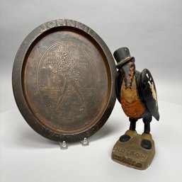Rare 'Old Crow' Bourbon Painted Composition Counter Advertising Figure, 1940s & A Johnny Walker Tray