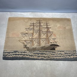 Large American Hooked Rug Depicting A Three-Masted Ship