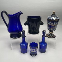 Bohemian Cobalt Blue Enamelled Glass Pokal And Five Table Articles, Late 19th And 20th Century
