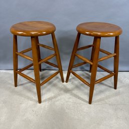 Pair Of Modern Teak Bar Stools.