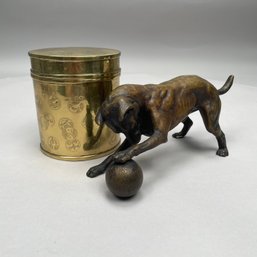 Bronze Figure Of A Pharaoh Hound Puppy And An Asian Brass Box