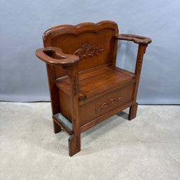Golden Oak Lift-Top Bench With Umbrella Holders, Early 20th Century