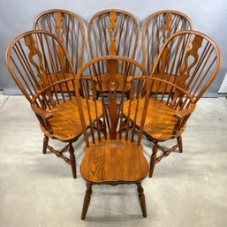 Set Of Six American Custom Elm Brace-Back Windsor Dining Chairs, S. Bent & Brothers