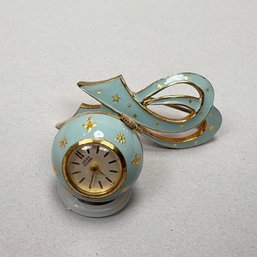 Swiss Enamel-Decorated Watch Brooch Pendant, Lucien Piccard, Mid-20th Century