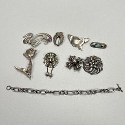 Nine Continental, English And American Silver Pins And Brooches, Late 19th-20th Century