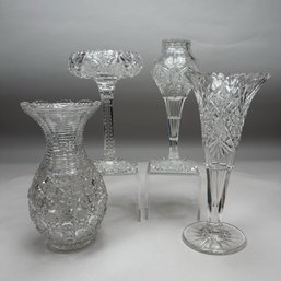 Three American Colorless Cut Glass Vases And A Tall Sherbet, Late 19th-20th Century