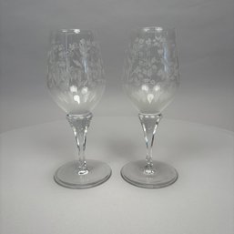 Pair Swedish Engraved Colorless Glass Large Goblets, Vicke Lindstrand For Kosta, 1950s