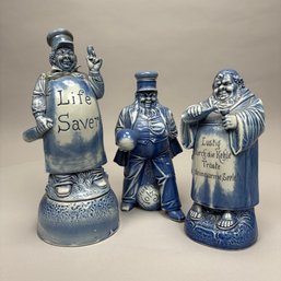 Three German Blue-Glazed Biscuit Porcelain Figural Decanters, Schafer & Vater, Volkstedt-Rudolstadt, 1910-1920