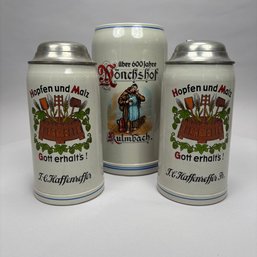 Pair Of German Stoneware Haffenreffer 2 Litre Steins And A Monchshof Kulmbach 3 Litre Stein