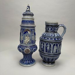 German Stoneware Motto Beer Stein, Simon P. Gerz And A Tankard, Possibly Simon P. Gerz, Late 19th Century
