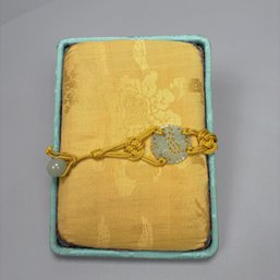 Chinese Silk Shallow Box With Jade And Cord Closure