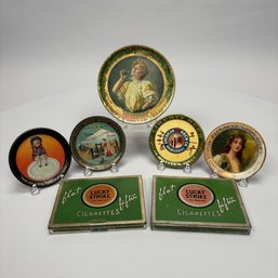 Five Advertising Tin Lithographed Change Trays And Two Cigarette Boxes