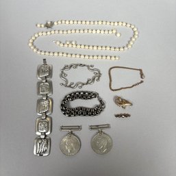 Group Of Mid-Century Modern Silverplate And Sterling Silver Jewelry And Medals