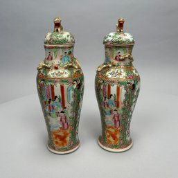 Pair Of Chinese Export Porcelain Rose Medallion Vases And Covers