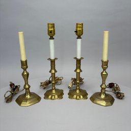 Two Pairs Of  George III Brass Candlesticks, Now Electrified As Lamps