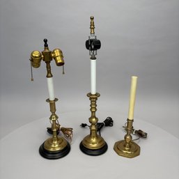 Three English Brass Candlesticks, Now Electrified As Lamps