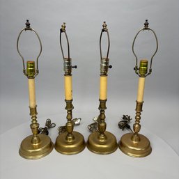 Near Pair And Two Dutch Brass Candlesticks, Now Electrified As Lamps