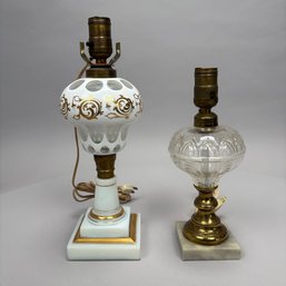American Gilt And White Opaque Overlaid Glass Fluid Lamp And A Pressed Colorless Glass Fluid Lamp