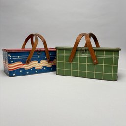 Two American Lithographed Tin Advertising Picnic Baskets With Wooden Swing Handles