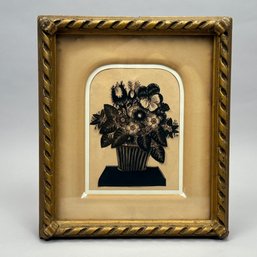 Black Cut Paper-Work Basket Of Flowers, Framed
