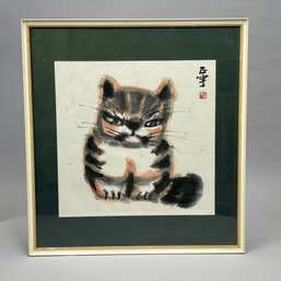 Chinese Ink And Watercolor Painting Of A Tabby Cat