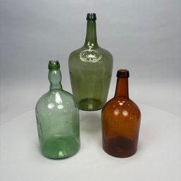 Three Blown Molded Glass Utilitarian Demijohn Bottles