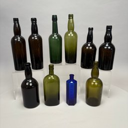 Ten Blown-Molded And Pattern Glass Utilitarian Bottles