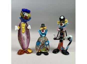 Three Italian Murano Colored Glass Figures Of Clowns, Twentieth Century