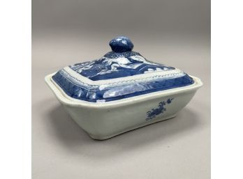 Chinese Export Porcelain Canton Blue And White Vegetable Dish And Cover, Nineteenth Century
